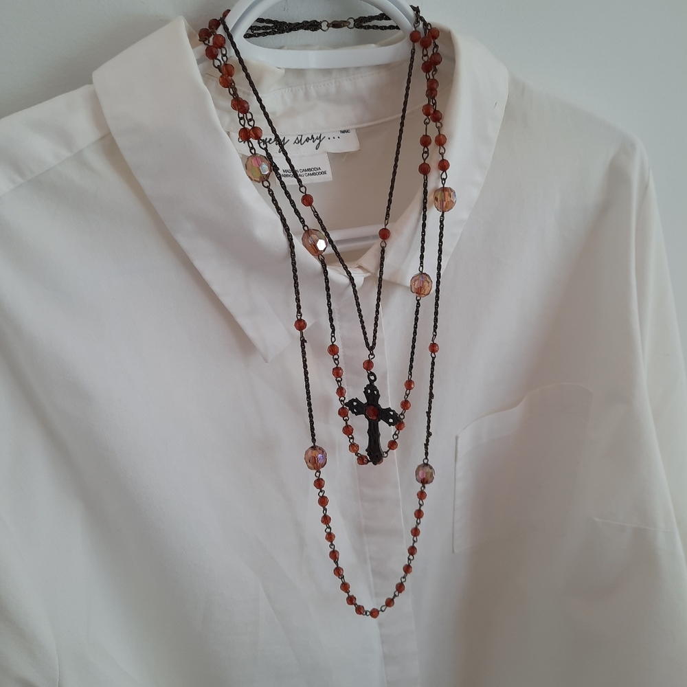 🔥Vintage Gothic Rosary Necklace Amber Glass Beads & Ornate Cross